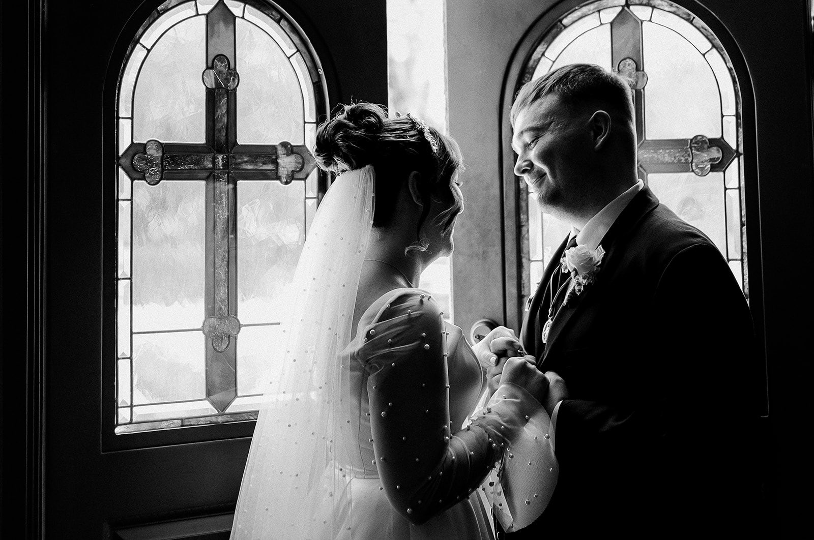Artistic black and white church wedding